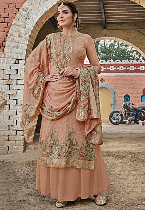 Embroidered Georgette Pakistani Suit in Beige
