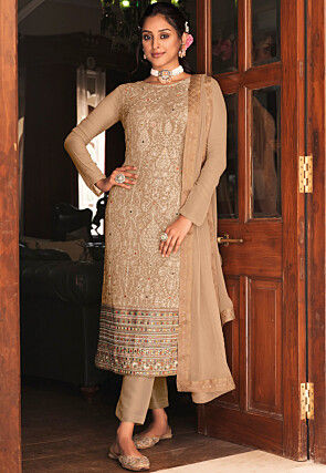 Embroidered Georgette Pakistani Suit in Beige : KCH9926
