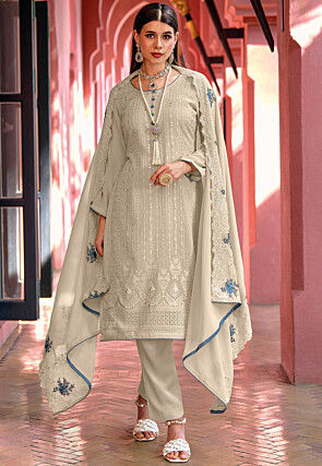 Embroidered Georgette Pakistani Suit in Beige