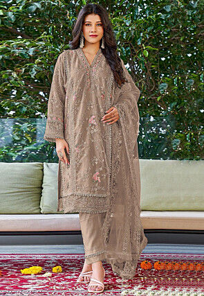 Embroidered Georgette Pakistani Suit in Beige