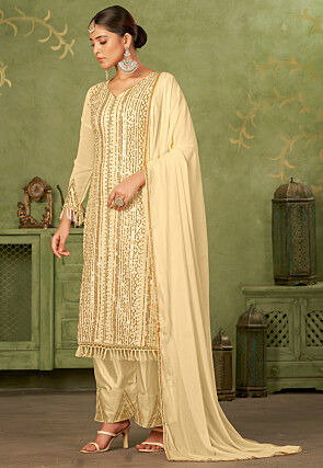 Embroidered Georgette Pakistani Suit in Beige