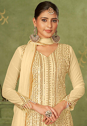 Embroidered Georgette Pakistani Suit in Beige