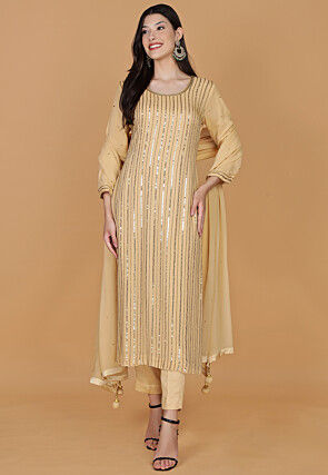 Embroidered Georgette Pakistani Suit in Beige
