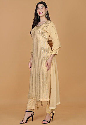 Embroidered Georgette Pakistani Suit in Beige