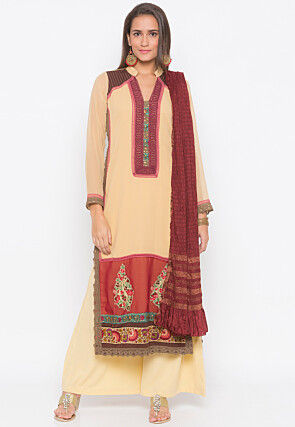 Embroidered Georgette Pakistani Suit in Beige