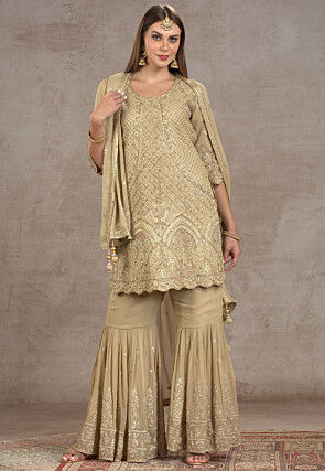 Embroidered Georgette Pakistani Suit in Beige