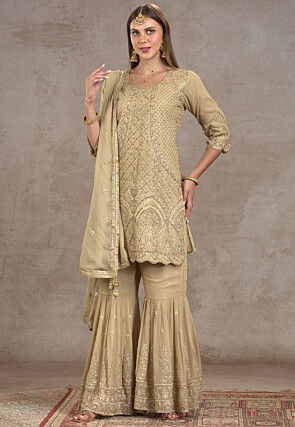 Embroidered Georgette Pakistani Suit in Beige