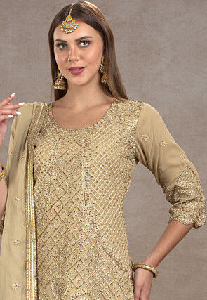 Embroidered Georgette Pakistani Suit in Beige