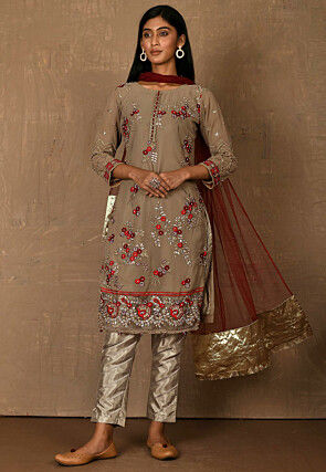 Embroidered Georgette Pakistani Suit in Beige