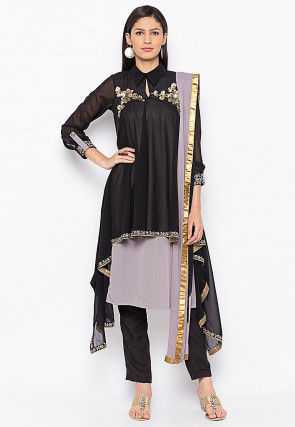 Embroidered Georgette Asymmetric Pakistani Suit in Navy Blue : KNF825