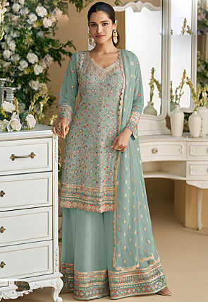 Embroidered Georgette Pakistani Suit in Blue