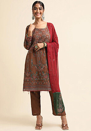 Embroidered Georgette Pakistani Suit in Brown