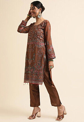 Embroidered Georgette Pakistani Suit in Brown