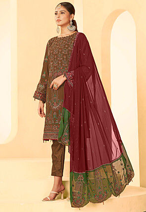 Embroidered Georgette Pakistani Suit in Brown
