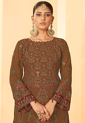 Embroidered Georgette Pakistani Suit in Brown