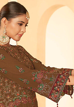 Embroidered Georgette Pakistani Suit in Brown