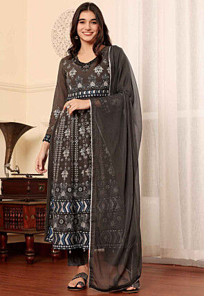 Embroidered Georgette Pakistani Suit in Brown