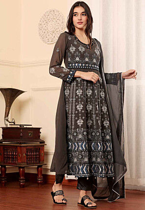 Embroidered Georgette Pakistani Suit in Brown