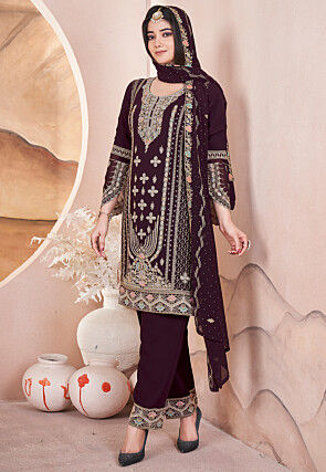 Embroidered Georgette Pakistani Suit in Brown