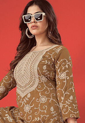 Embroidered Georgette Pakistani Suit in Brown