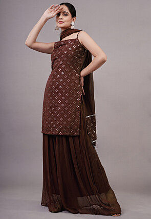 Embroidered Georgette Pakistani Suit in Brown