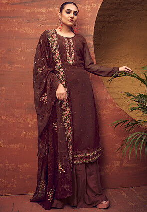 Embroidered Georgette Pakistani Suit in Brown