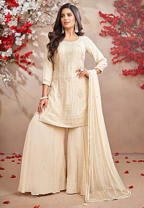 Embroidered Georgette Pakistani Suit in Cream