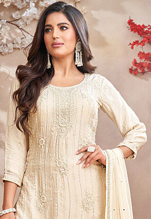 Embroidered Georgette Pakistani Suit in Cream