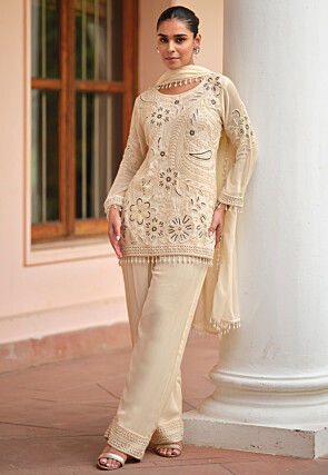 Embroidered Georgette Pakistani Suit in Cream