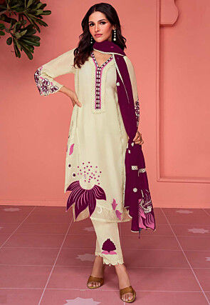 Embroidered Georgette Pakistani Suit in Cream