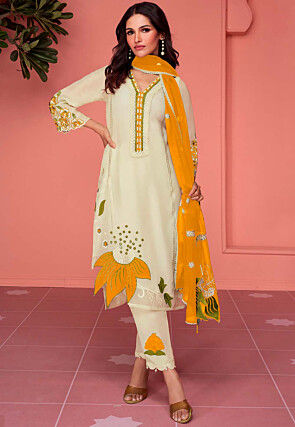 Embroidered Georgette Pakistani Suit in Cream