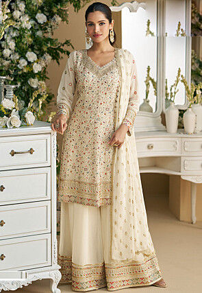 Embroidered Georgette Pakistani Suit in Cream