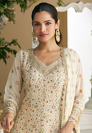 Embroidered Georgette Pakistani Suit in Cream