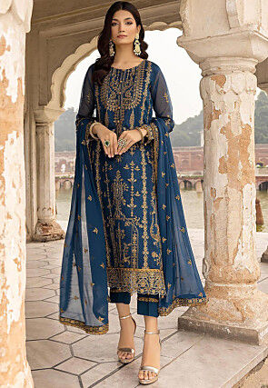 Embroidered Georgette Pakistani Suit in Teal Blue