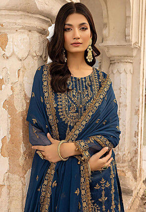 Embroidered Georgette Pakistani Suit in Teal Blue