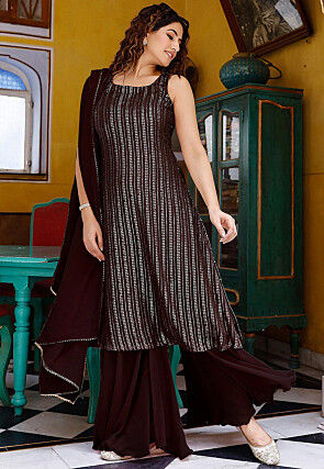 Embroidered Georgette Pakistani Suit in Dark Wine