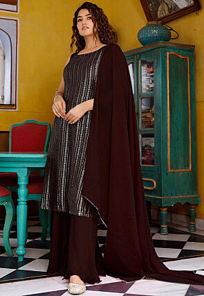 Embroidered Georgette Pakistani Suit in Dark Wine