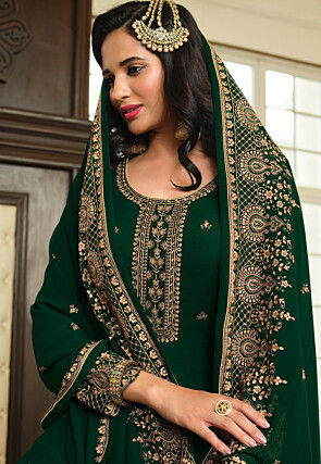 Embroidered Georgette Pakistani Suit in Dark Green