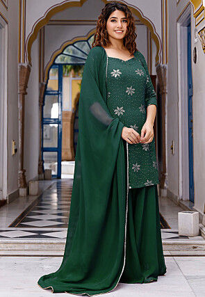 Embroidered Georgette Pakistani Suit in Dark Green