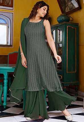 Embroidered Georgette Pakistani Suit in Dark Green