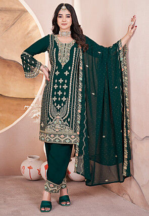 Embroidered Georgette Pakistani Suit in Dark Green