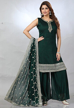 Embroidered Georgette Pakistani Suit in Dark Green