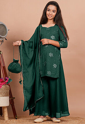 Embroidered Georgette Pakistani Suit in Dark Green