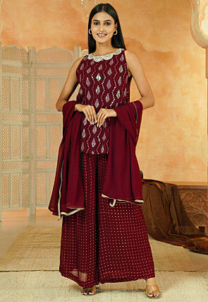 Embroidered Georgette Pakistani Suit in Dark Magenta