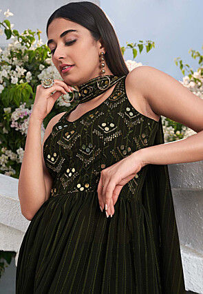 Embroidered Georgette Pakistani Suit in Dark Olive Green