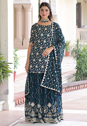 Embroidered Georgette Pakistani Suit in Dark Teal Blue