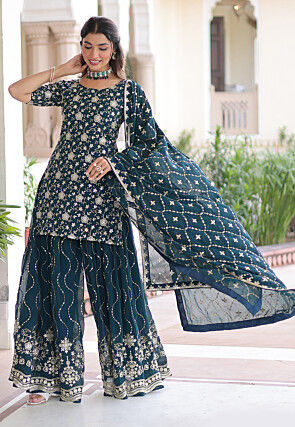 Embroidered Georgette Pakistani Suit in Dark Teal Blue