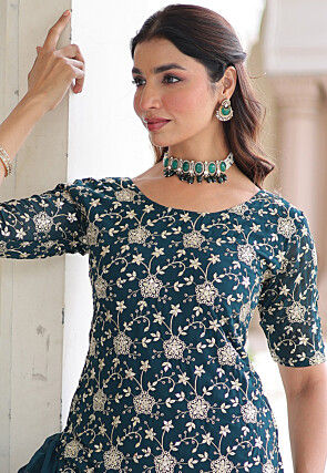 Embroidered Georgette Pakistani Suit in Dark Teal Blue