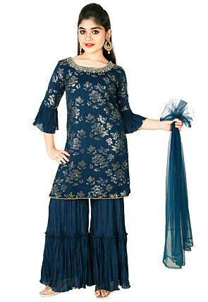 Embroidered Georgette Pakistani Suit in Dark Teal Blue