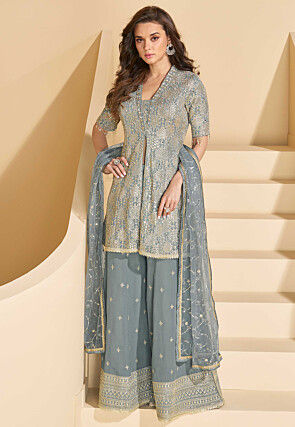 Embroidered Georgette Pakistani Suit in Dusty Blue
